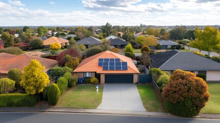 A neighborhood with houses and a solar panel on the roof of one of them