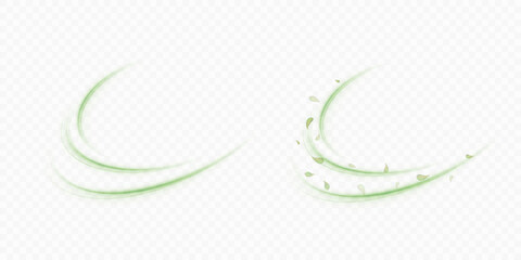 Green air flow effect with flying mint, tea leaves. Bright green swirl isolated on white background PNG, vector abstract illustration for advertising, drinks, food and cosmetics.