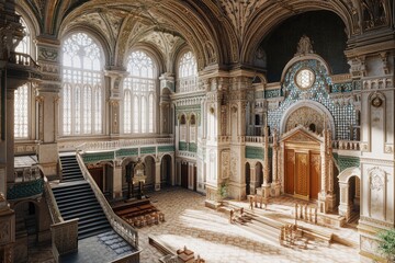 Fototapeta premium A grand, ornate interior of a historic building with intricate architecture and natural light.