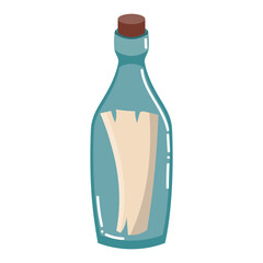 Cartoon bottle with note from sunken ship abandoned sea in flat style.