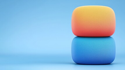 A vibrant, modern image featuring two stacked speakers in gradient colors against a soft blue background.