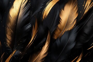 black and gold feathers background as beautiful abstract wallpaper header