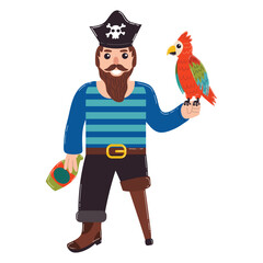 Cartoon pirate with wooden leg, Macaw parrot and bottle of rum in flat style. Cartoon character.