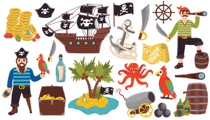 Cartoon pirate set of design elements in flat style. Pirates and ship, anchor and ship's wheel, treasure map and Macaw parrot. © _aine_