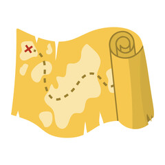 Cartoon old pirate treasure map with islands and cross in flat style isolated on white background.