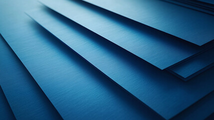 Smooth blue sheets of paper stacked in layered arrangement create visually appealing texture. subtle play of light enhances depth and dimension of blue tones, evoking sense of calm and creativity