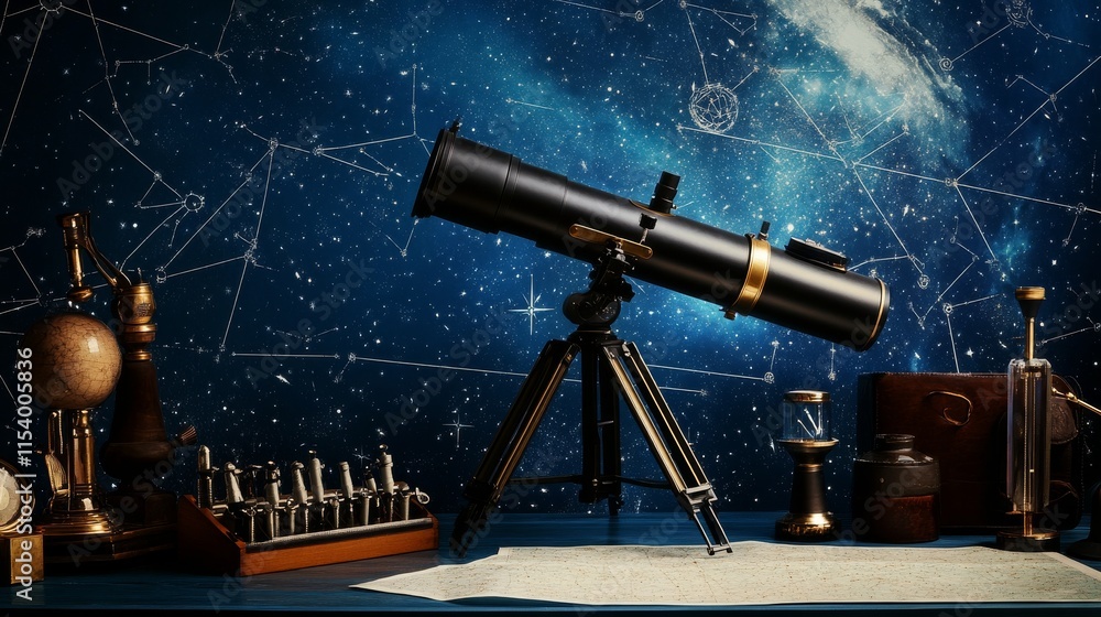 Poster a well-organized astronomy corner with a telescope, stargazing equipment and star maps neatly arrang