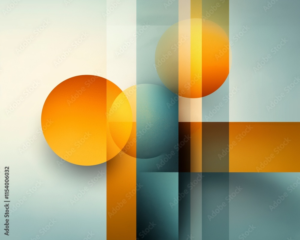 Poster abstract shapes composition with warm colors and geometric forms, featuring circles and rectangles i