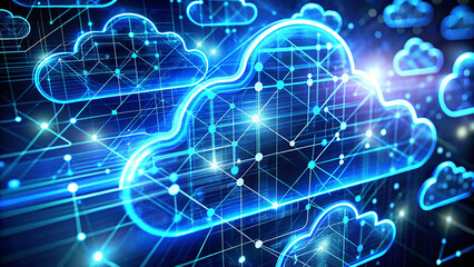 Abstract cloud computing technology with blue wireframe graphics and nodes on a white background. Concept of digital data storage system.