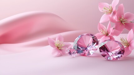 Fototapeta premium Pink gemstones displayed in a monochromatic setting with pink flowers and silk, creating a romantic and luxurious feel.