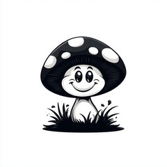 A cheerful black and white mushroom shines amid playful greenery, radiating joy