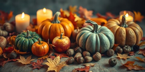 Autumnal Still Life Featuring Pumpkins, Candles, and Fall Foliage