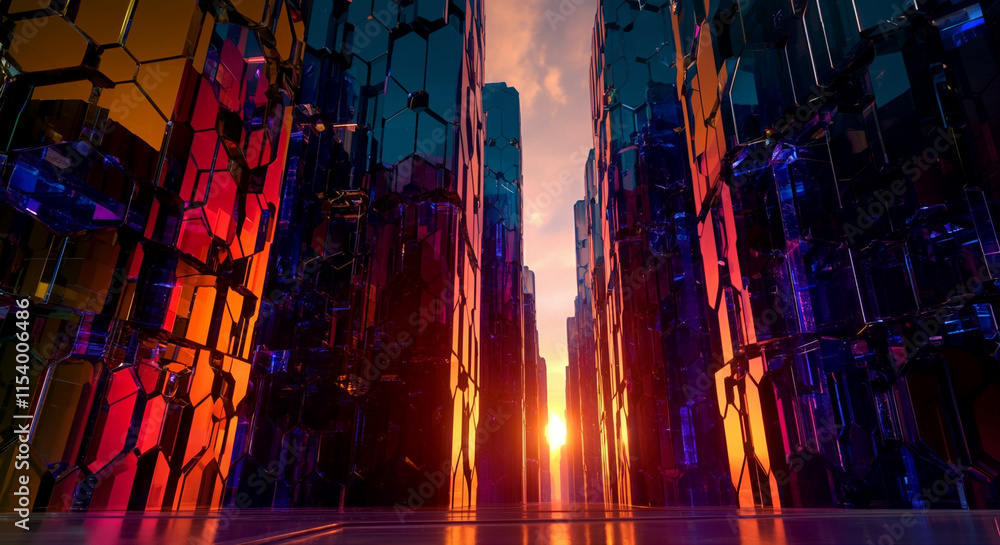 Poster abstract cityscape with vibrant architecture reflecting light and shadows in a futuristic design