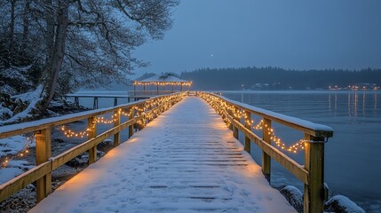 Naklejka premium Snowy pier adorned with warm lights at dusk