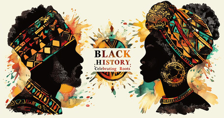 Celebrating Black History Month, this vibrant poster features silhouettes of man and woman adorned with traditional African patterns and colors, symbolizing cultural heritage and pride