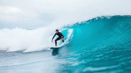 A surfer skillfully rides a vibrant turquoise wave under a cloudy sky. The dynamic motion captures the excitement and thrill of surfing, showcasing the beauty of ocean sports.