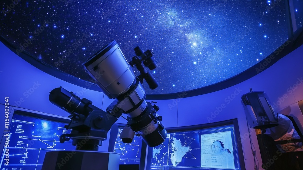 Poster a well-organized astronomy observatory with telescopes pointed at the night sky, star charts and cel