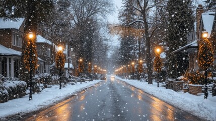 Snowy winter street adorned with holiday lights