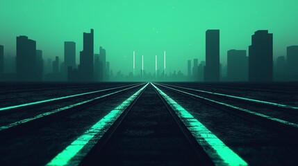 Fototapeta premium A surreal view of an urban landscape with glowing train tracks leading towards futuristic skyscrapers under a teal sky, creating a sense of mystery and adventure.