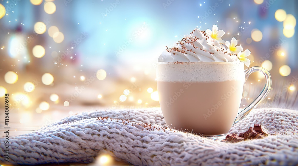 Poster steaming chocolate latte with whipped cream and a sprinkle of cocoa, placed on a cozy blanket with f