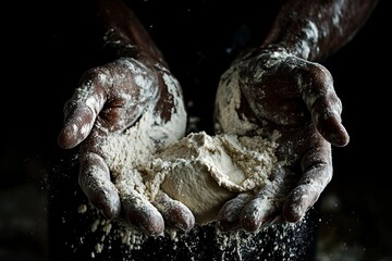Flour-dusted hands showcase the artistry of baking in a dimly lit kitchen