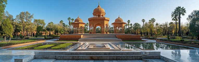 Obraz premium Stunning palace facade with intricate pavilions overlooks a landscaped garden filled with vibrant greenery at dusk