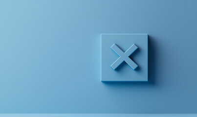 Obraz premium A blue square button featuring a gray 'X' symbol, set against a textured blue background, conveying a sense of cancellation or closing action.
