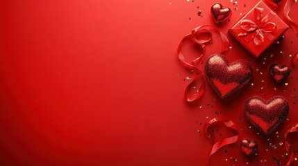 Red Valentine's Day background with hearts, gift, and ribbon.