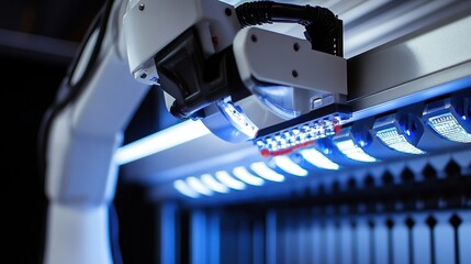 A closeup of an assembly line robot arm equipped with advanced sensors that gather data for realtime adjustments backed by a computer displaying analytics and performance metrics.