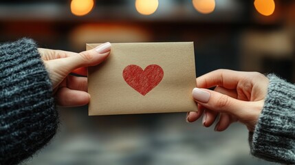 Two hands exchanging a kraft envelope with a hand-drawn red heart.