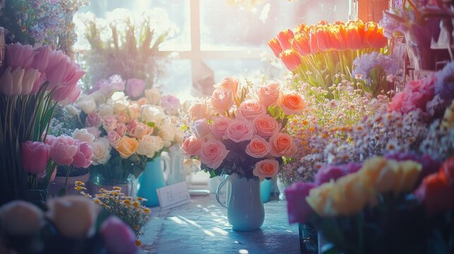 Colorful bouquets of roses, tulips, and daisies in a bright floral shop during late afternoon. Generative AI