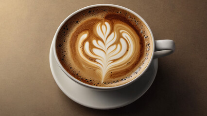 A cup of coffee with heart pattern in a white cup on wooden background