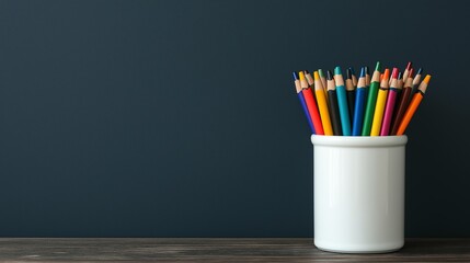 Fototapeta premium A vibrant collection of colored pencils neatly arranged in a white container on a wooden surface. Perfect for illustrating creativity, art projects, and crafting.