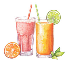Colorful Retro Illustration of Fresh Juices in Pastel Tones with Citrus Fruits and Refreshing Straws