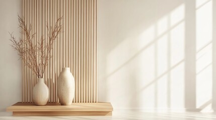 Minimalist interior design with wooden wall, vases, and dried flowers.