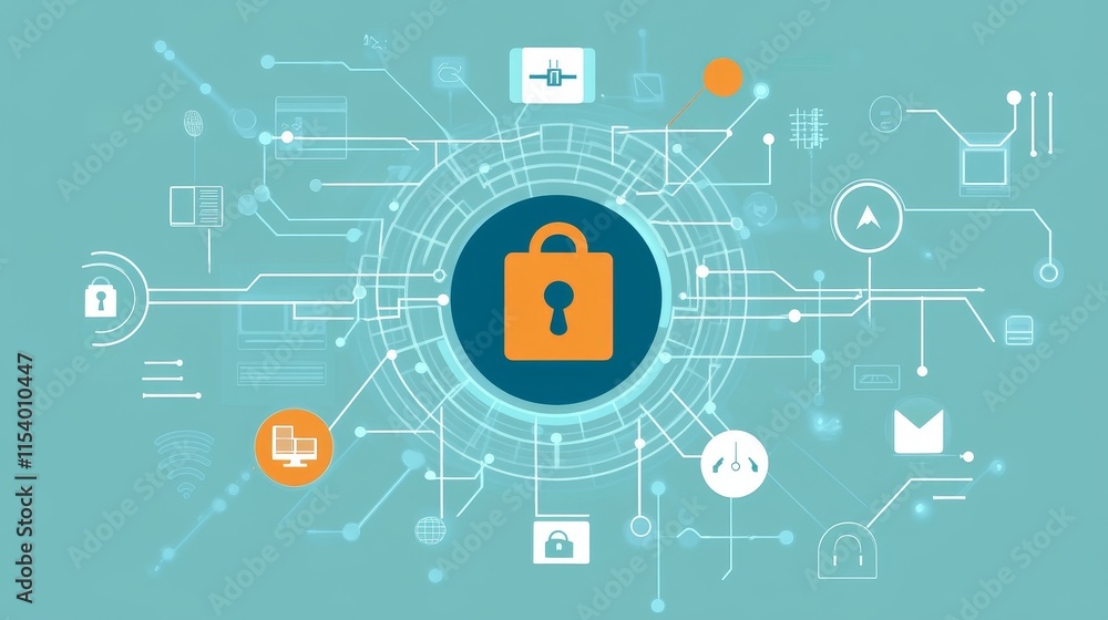 Poster secure digital environment with interconnected systems featuring a prominent padlock symbolizing dat