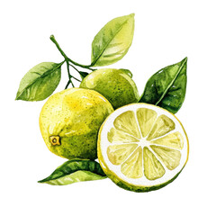 Vibrant Watercolor Illustration of Fresh Lemons and Limes with Green Leaves on a transparent background