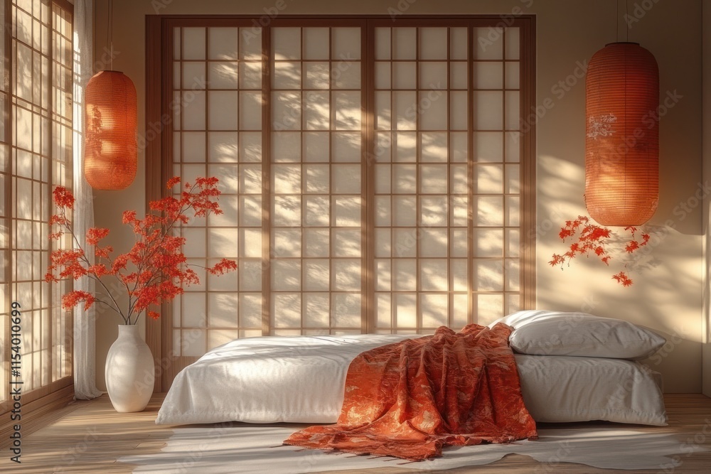 Poster soft light through lanterns highlights a white futon and a vase with ikebana, creating a calming atm