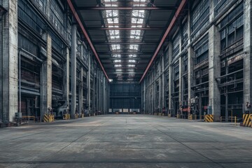 Vast Industrial Hallway: An Empty Concrete Factory Interior