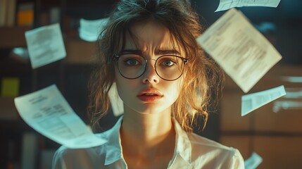 Indoor classroom portrait stressed student and flying papers