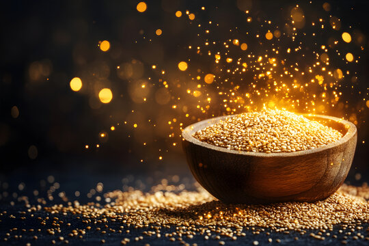 Sesame close-up surrounded by magical light. Shat tila ekadashi concept. Harvest and organic food. Banner, flyer, advertising.