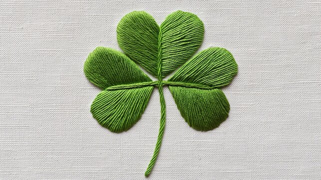 A vibrant four-leaf clover meticulously embroidered on a soft linen background, symbolizing good luck and prosperity in a natural-inspired design.