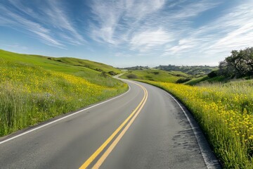 Fototapeta premium Serene Winding Road Through a Vibrant Spring Meadow: A Scenic Countryside Escape