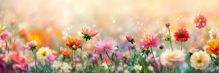 Colorful Dahlia blooms with rain drops