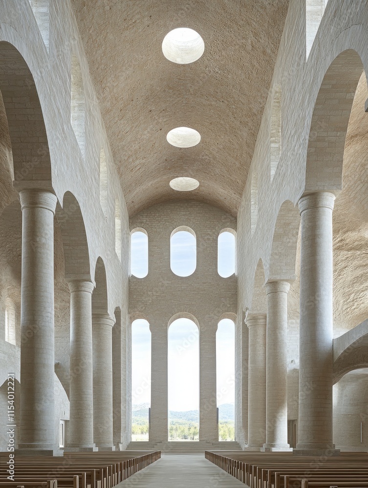 Poster view features side aisles and tall columns, showcasing elegant pointed arches and a tranquil atmosph
