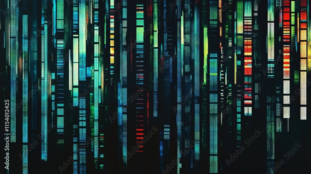 Poster abstract digital art featuring vibrant vertical stripes in varying colors and widths against a dark 