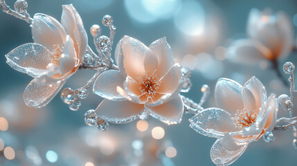 Ethereal Magnolias, Frozen in Time, Delicate Blossoms Adorned with Glistening, Icy Sprinkles, Under a Soft, Bokeh Background