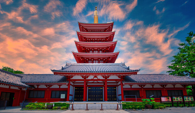 Sensoji is an ancient Buddhist temple at sunset in Asakusa, Tokyo, Japan.