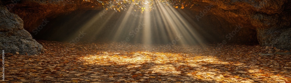 Poster a serene cave illuminated by sunlight filtering through leaves, creating a tranquil atmosphere.