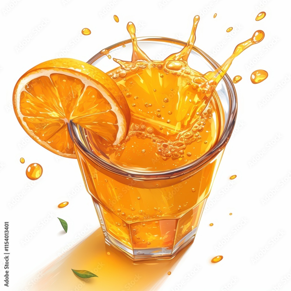 Poster a refreshing glass of orange juice with a splash and a slice of orange.